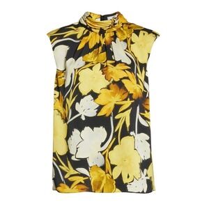 Milly Riley Paper Peony Mock Neck Sleeveless Top Blouse Yellow Black Size S P